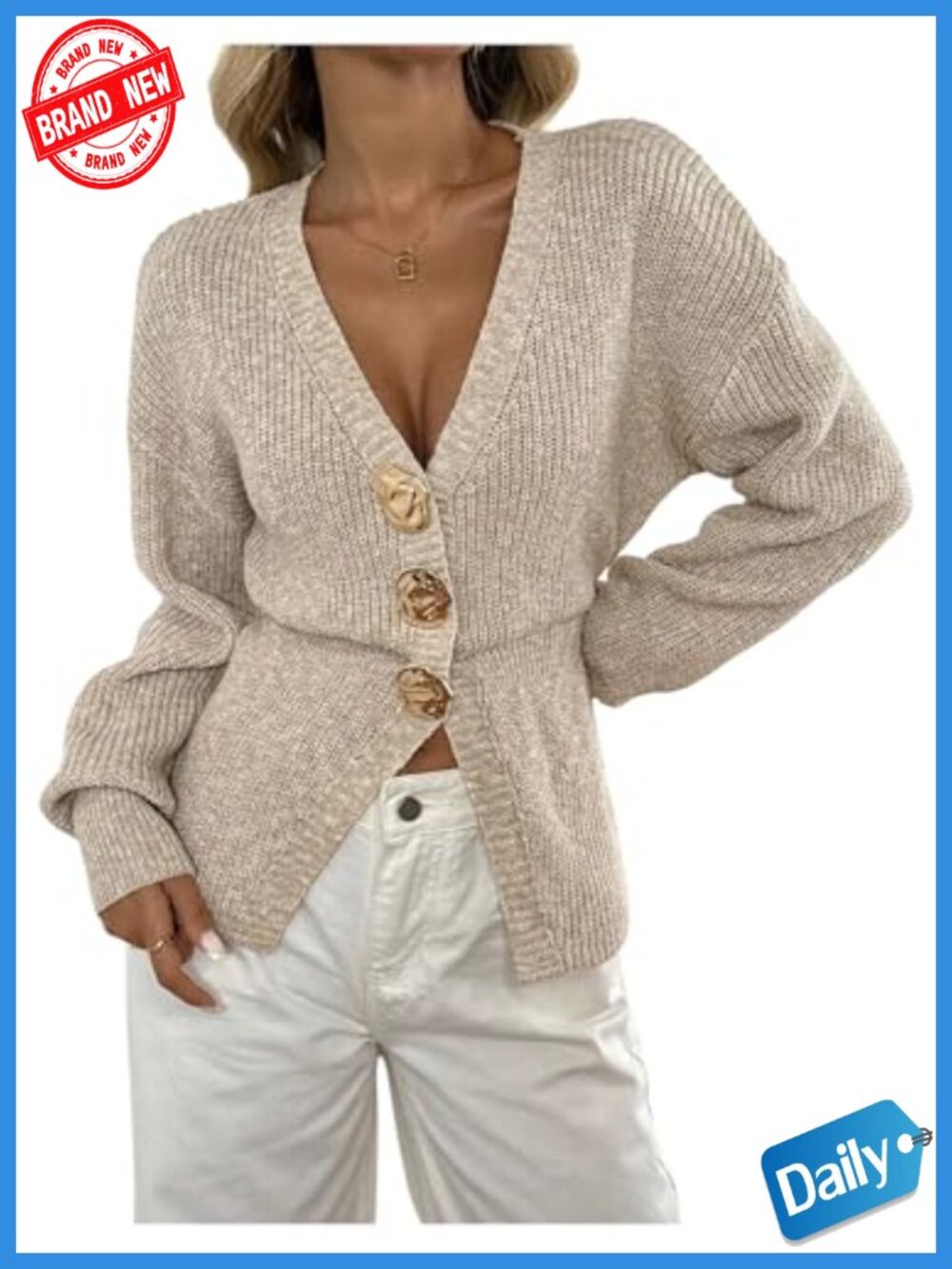 Women's V-Neck Button Up Knit Cardigan Long Sleeve Lightweight Fall Sweater
